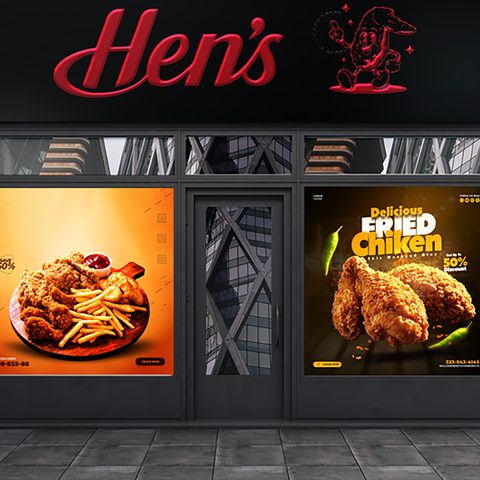 A restaurant storefront with a fascia sign and window posters